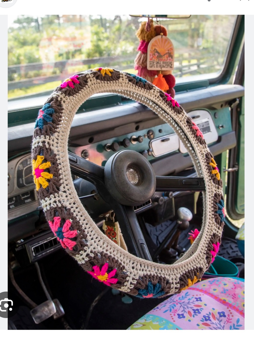 Natural Life Handmade Crochet Flower Steering Wheel Cover in Cream